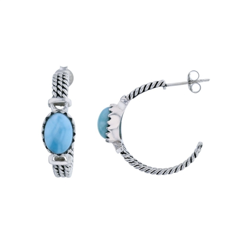 925 Sterling  Silver Larimar Oval 3 Row Ribbed 22mm C-Hoop Earrings Post Back